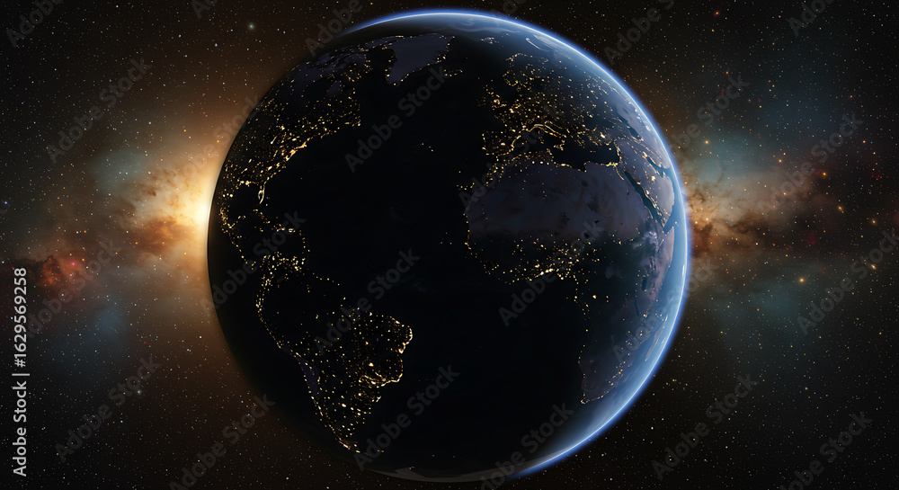 Obraz premium Dramatic high-resolution shot of Earth's terminator line with a vibrant cosmic sunrise.