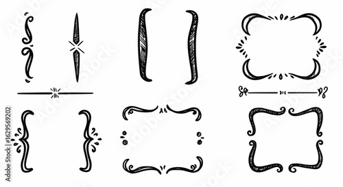 HandDrawn Decorative Elements Brackets Dividers and Frames in Black Ink.