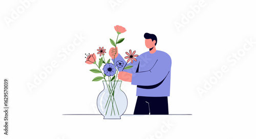 A man arranging colorful flowers in a glass vase, creating a touch of artistry and nature to minimalist design, depicting creativity, calm and