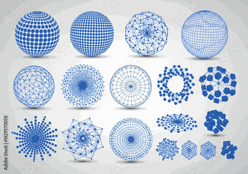 Vector art of collection of abstract blue and white digital globes and geometric sphere patterns, representing global networks and data, isolated on a light background transparent background