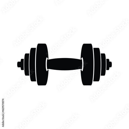 Black silhouette of a dumbbell with adjustable weight plates isolated on white background