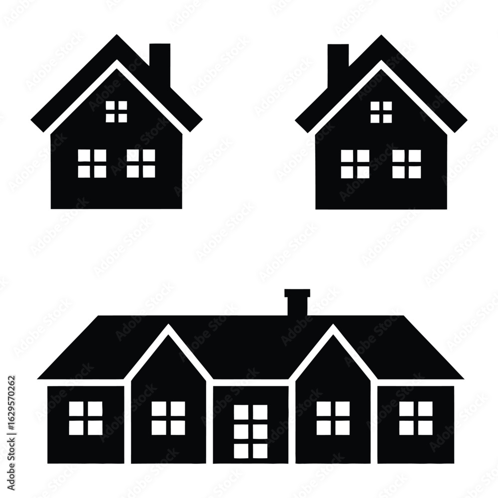 Fototapeta premium Simple black silhouettes of various house styles