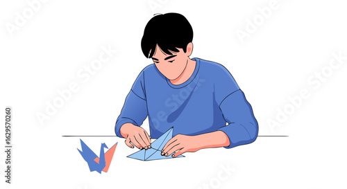 Focused Origami Craftsmanship: A Person's Detailed Paper Folding Activity Showing Precision and Dedication in Creating Intricate Art From Simple