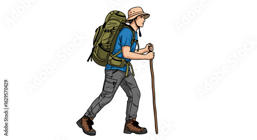 Detailed illustration of a hiker with backpack and trekking pole on white background ready for an adventure expedition and enjoying nature's beauty