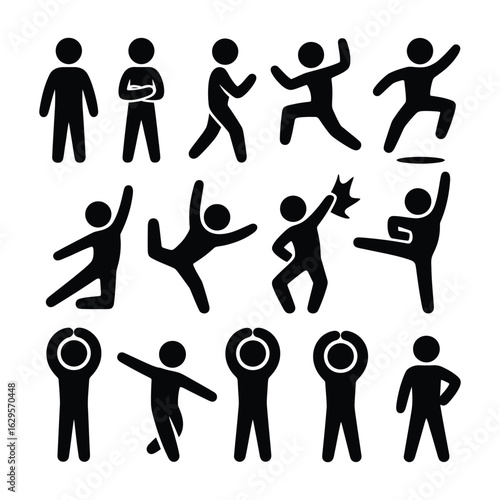 Diverse collection of stick figure poses illustrating various actions and movements