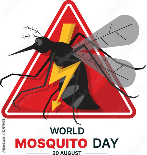 World mosquito day - Black mosquito charector cross yellow thunder sign in red rounded triangle banner vector design