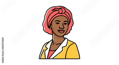 Elegant woman with a turban and a yellow blazer, symbolizing beauty and style in a modern graphic illustration, exuding confidence and grace