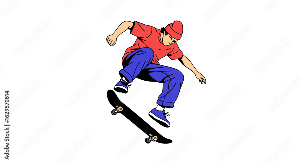 Fototapeta premium Cartoon illustration of skater performing a jump on a skateboard with style and attitude displayed in his face and body language, emphasizing