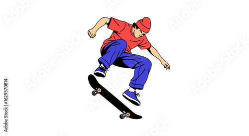 Cartoon illustration of skater performing a jump on a skateboard with style and attitude displayed in his face and body language, emphasizing