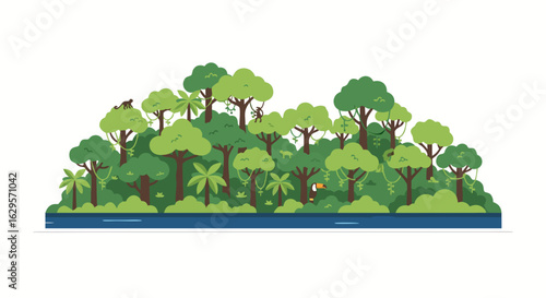 Lush tropical rainforest landscape with diverse plant life and wildlife illustrated in flat design, conveying environmental richness and ecological