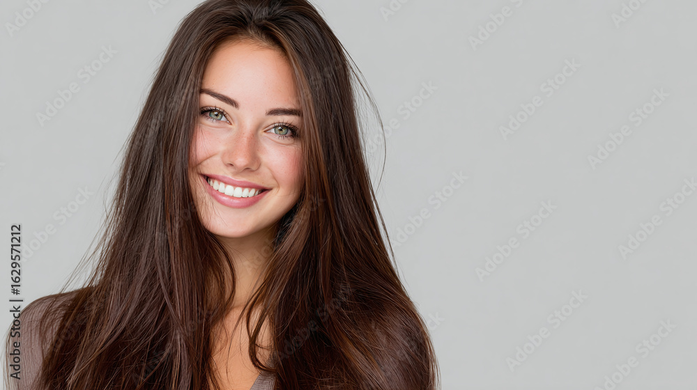 Fototapeta premium A beautiful young woman smiles genuinely. She has long, dark hair, green eyes, fair skin, and a friendly expression.