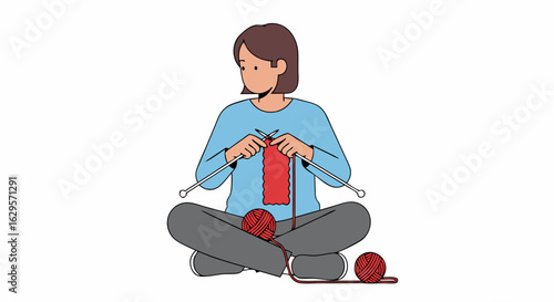 Illustration depicting a woman knitting while sitting cross legged, symbolizing creativity and relaxation in a handmade craft project, showcasing