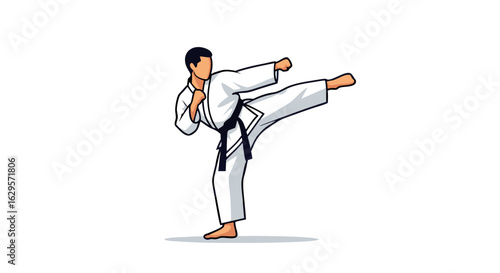 Dynamic illustration portraying a karate practitioner executing a forceful kick in a poised motion stance demonstrating the precision and strength
