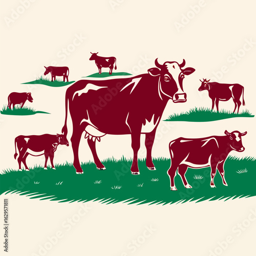 A perfect  herd of grazing cows in a lush pasture vector on light pink background.