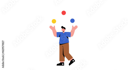 A man balances colorful balls in the air with skill and precision, creating a moment of playful mastery with cartoon visual style