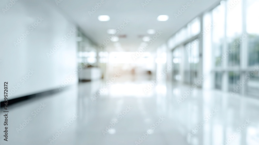 Obraz premium Blurred modern clinic corridor with white minimalist background, clean healthcare space template for medical UI design and health tech concepts.
