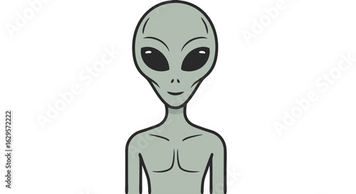 Illustrative depiction of a gray alien humanoid with sleek contours and large enigmatic eyes on a crisp white backdrop