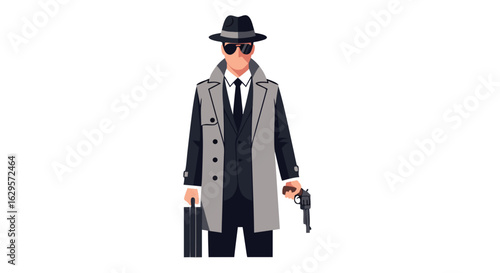 Enigmatic figure in trench coat and fedora holding revolver and briefcase with mysterious aura perfect for crime fiction