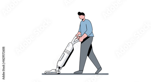 Illustration of a man vacuuming, creating a clean and tidy environment, suitable for any platform representing hygiene and household chores
