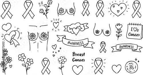 Breast Cancer Awareness Doodle Collection: Ribbons, Hearts,  Flowers Vector Set