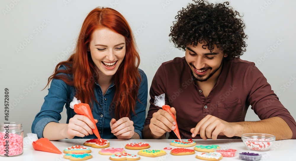 Fototapeta premium Couple joyeux decore gateaux lumiere douce ambiance chaleureuse. AI Generated