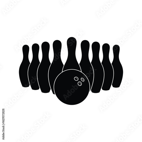 Silhouette of a bowling ball and pins arranged for a game isolated on white background