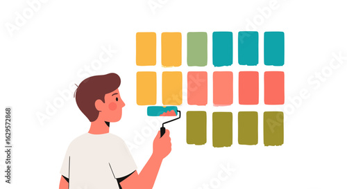 Creative Home Improvement: Person Painting a Wall with Colorful Samples Using a Paint Roller Representing Choices for Interior Decorating Projects