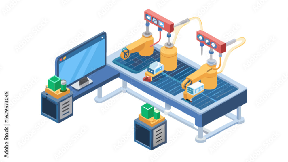 Obraz premium Isometric automated assembly line manufacturing process with robotic arms and computer control system