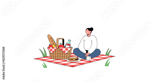 Serene picnic escape a woman enjoying leisurely outdoor with a delightful assortment of food and nature's peaceful ambience