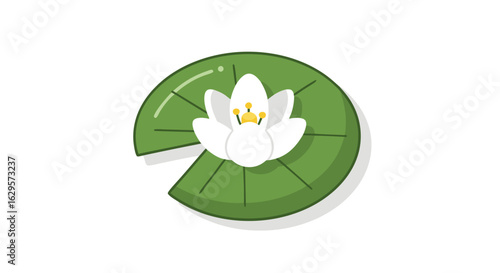 Vector illustration showcasing a water lily blossom resting serenely on a floating lily pad, depicted in a minimalist cartoon style against a clean