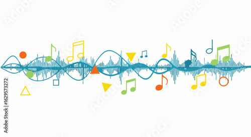 Vibrant audio spectrum with colorful musical notes and shapes for creative multimedia concepts