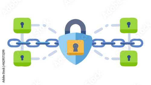 Blockchain security network technology with padlock shield and chain for data protection 100
