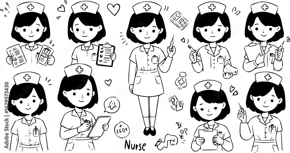 Black and white cartoon illustrations of cheerful female nurses in various poses, wearing uniforms and caps, holding medical instruments like syringes, clipboards, and charts, on a white background. Black and white cartoon illustrations of cheerful female nurses in various poses, wearing uniforms and caps, holding medical instruments like syringes, clipboards, and charts, on a white background.