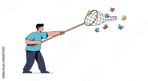 Man reaching for butterflies with a net represents freedom and the pursuit of happiness dream exploration and childhood memories and natural serenity