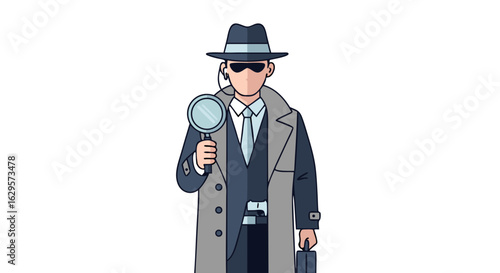 Cartoon Illustration of a Mysterious Detective Investigating with a Magnifying Glass Undercover Operations and Covert Activities