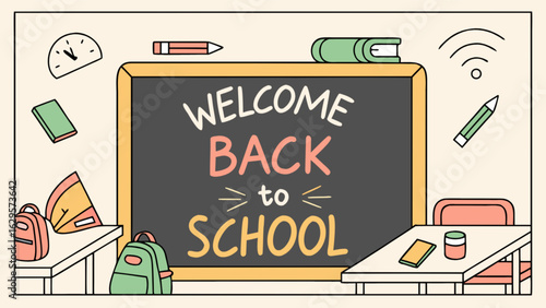 Welcome back to school vector illustration for education and learning with school supplies and blackboard