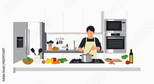 Illustration showcasing a home cook preparing a meal in a modern kitchen setting with fresh ingredients, and contemporary appliances providing a