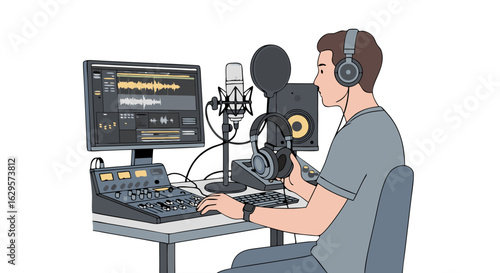 Illustrative Depiction of Man at Sound Desk Editing Music and Audio in a Recording Studio