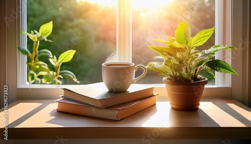 a calming morning scene of coffee books and plants by a sunlit window creating a cozy and peaceful atmosphere