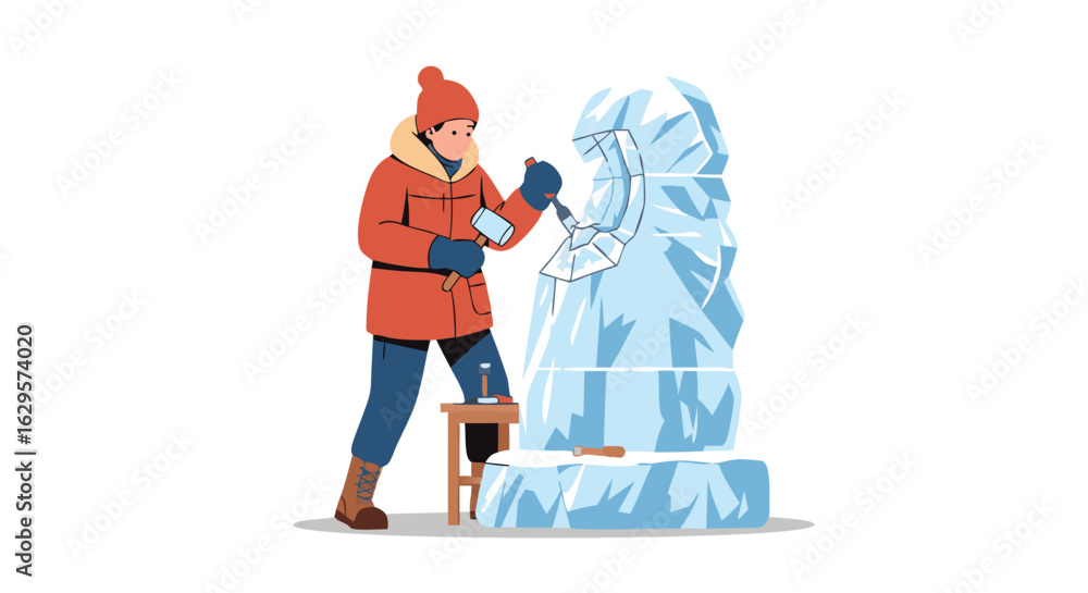 Artisan's Dedication: A Winter Scene of Ice Sculpture Creation with Precision and Passion Artisan's Dedication: A Winter Scene of Ice Sculpture Creation with Precision and Passion
