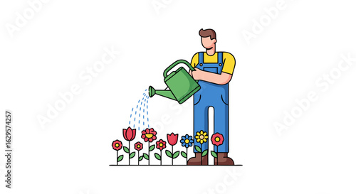 Gardener tending to flowers with watering can in colorful simplified cartoon style illustration