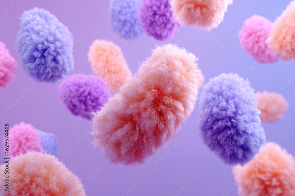 Fototapeta premium A floating, close up view of colorful, soft, fluffy, round organisms in the air against a light purple background, in the style of product photography.