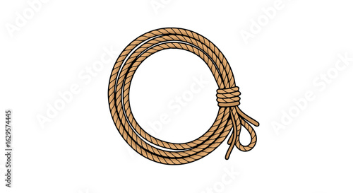 Woven brown rope lasso graphic illustration isolated on a plain white surface featuring a detailed and intricate coiling pattern creating a circular