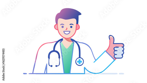 Doctor giving thumbs up for medical healthcare and wellness checkup with stethoscope and white coat illustration