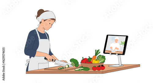 Woman learns to cook using an online video, preparing fresh vegetables in the kitchen with expert advice from a digital culinary guide