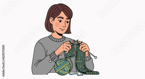 Woman Engaging in Knitting Hobby with Yarn and Needles, A Creative Pursuit Depicted with Serenity and Focus in Illustration Style