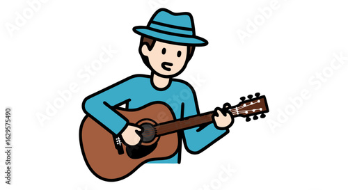 Cartoon musician illustration featuring a guitarist strumming an acoustic instrument with joyful enthusiasm and a colorful hat giving a vibrant appeal