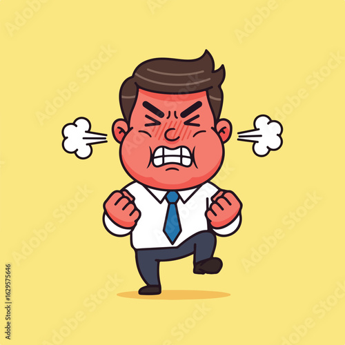 Furious cartoon businessman with a red face, clenched fists, and steam from his ears, stomping in rage.