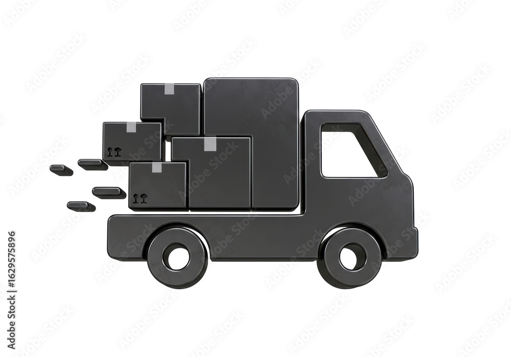 Isolated Dark Grey Delivery Truck Moving Fast with Multiple Shipping Boxes Icon