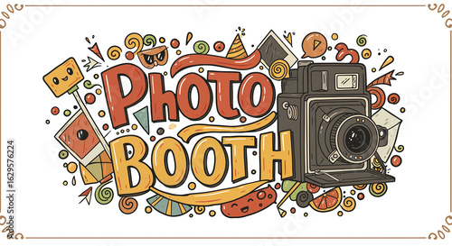 Vibrant Cartoon Photo Booth Lettering with Vintage Camera and Playful Party Props.